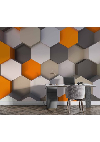 3 Boyutlu Antrasit Turuncu Altıgen Duvar Kağıdı Baskı fırsatları