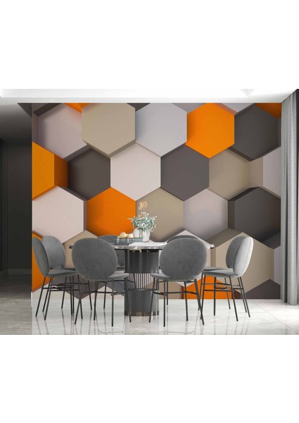 3 Boyutlu Antrasit Turuncu Altıgen Duvar Kağıdı Baskı indirimleri
