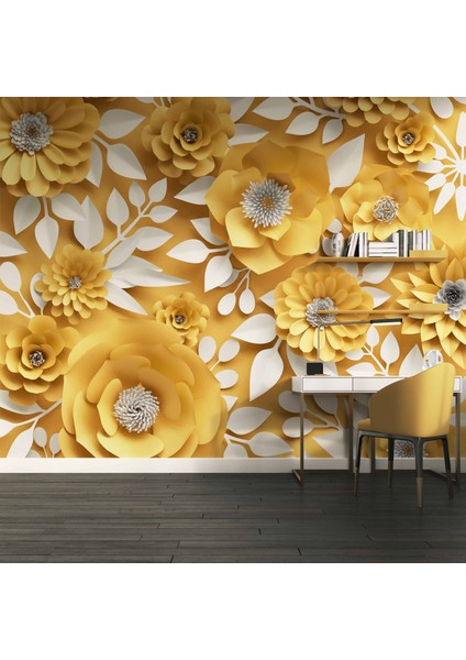 3 Boyutlu Sarı Çiçek Desenli Duvar Kağıdı Baskı fırsatları