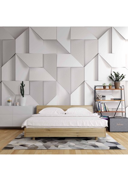 3 Boyutlu Beyaz Geometrik Kabartma Görünümlü Duvar Kağıdı Baskı