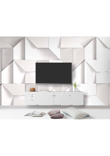 3 Boyutlu Beyaz Geometrik Kabartma Görünümlü Duvar Kağıdı Baskı