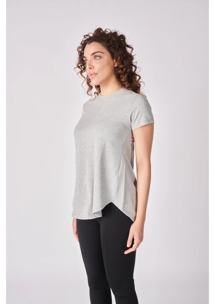 Kadın Oversize Bisiklet Yaka Kısa Kollu Tişört Gri Melanj