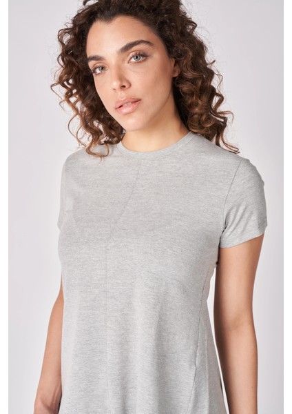 Kadın Oversize Bisiklet Yaka Kısa Kollu Tişört Gri Melanj