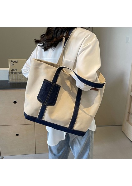 Dikişli Denim Kanvas Omuz Çantası Kadın Büyük Kapasiteli Tote Çanta Öğrenci Çantası Moda Banliyö Çantası (Yurt Dışından)