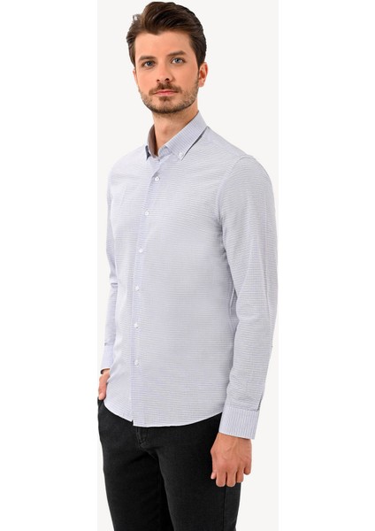 Erkek Mavi Uzun Kol Yaka Düğmeli Slim Fit Gömlek