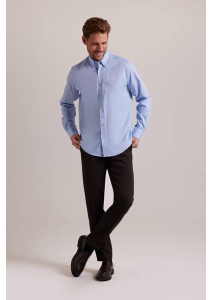 Erkek Mavi Slim Fit Uzun Kol Desenli Gömlek