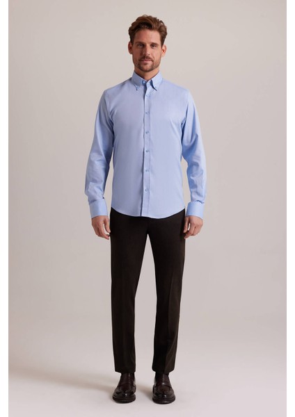 Erkek Mavi Slim Fit Uzun Kol Desenli Gömlek