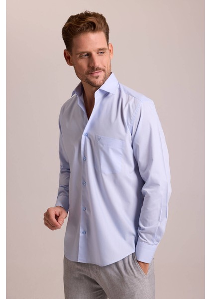 Erkek Açık Mavi Regular Fit Uzun Kollu Pamuklu Gömlek modelleri