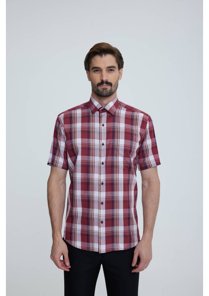 Erkek Kiremit Regular Fit Ekoseli Kısa Kol Yaka Düğmeli Gömlek