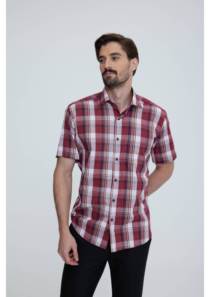 Erkek Kiremit Regular Fit Ekoseli Kısa Kol Yaka Düğmeli Gömlek fiyatları