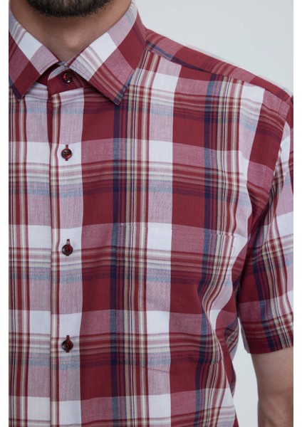 Erkek Kiremit Regular Fit Ekoseli Kısa Kol Yaka Düğmeli Gömlek fırsatları