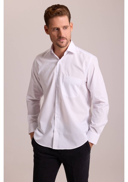 Erkek Beyaz Regular Fit Uzun Kollu Pamuklu Gömlek