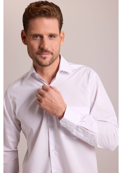 Erkek Beyaz Regular Fit Uzun Kollu Pamuklu Gömlek fırsatları