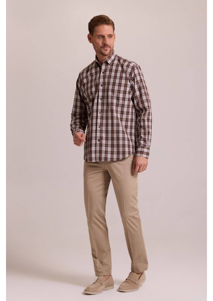 Erkek Kahverengi Oversize Düğmeli Yaka Kareli Gömlek fiyatları