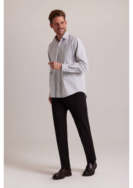 Erkek Bej Çizgili Regular Fit Uzun Kol Gömlek