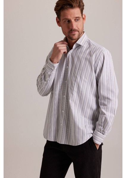 Erkek Bej Çizgili Regular Fit Uzun Kol Gömlek fiyatları