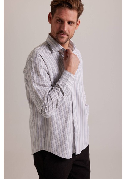 Erkek Bej Çizgili Regular Fit Uzun Kol Gömlek modelleri