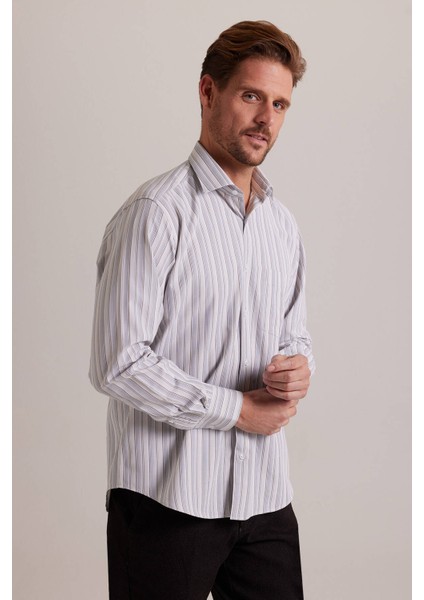 Erkek Bej Çizgili Regular Fit Uzun Kol Gömlek fırsatları