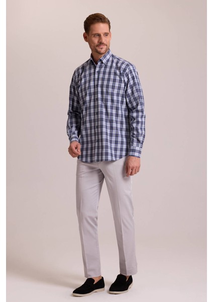 Erkek Lacivert Oversize Düğmeli Yaka Kareli Gömlek