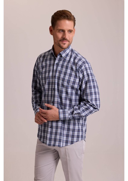 Erkek Lacivert Oversize Düğmeli Yaka Kareli Gömlek fiyatları