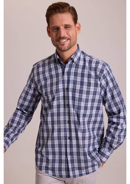 Erkek Lacivert Oversize Düğmeli Yaka Kareli Gömlek modelleri