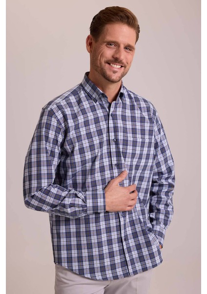 Erkek Lacivert Oversize Düğmeli Yaka Kareli Gömlek fırsatları