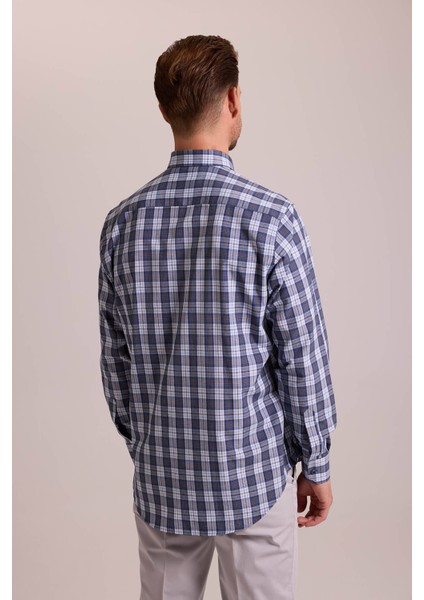 Erkek Lacivert Oversize Düğmeli Yaka Kareli Gömlek indirimleri