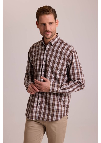 Erkek Kahverengi Oversize Düğmeli Yaka Kareli Gömlek modelleri