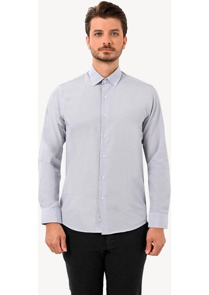 Erkek Mavi Uzun Kol Yaka Düğmeli Slim Fit Gömlek modelleri