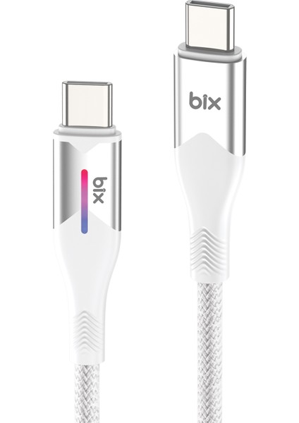 BX05CC Type-C To Type-C 60W Örgülü LED Işıklı 1 Metre Şarj ve Data Kablosu Beyaz