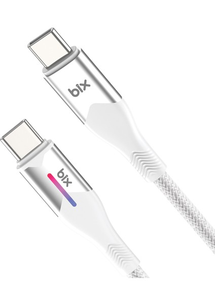 BX05CC Type-C To Type-C 60W Örgülü LED Işıklı 1 Metre Şarj ve Data Kablosu Beyaz