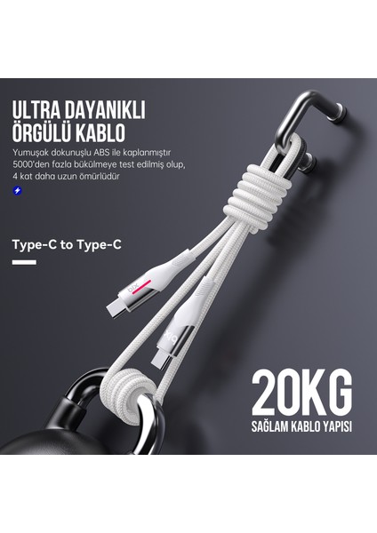 BX05CC Type-C To Type-C 60W Örgülü LED Işıklı 1 Metre Şarj ve Data Kablosu Beyaz