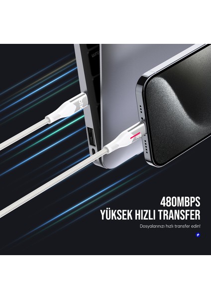 BX05CC Type-C To Type-C 60W Örgülü LED Işıklı 1 Metre Şarj ve Data Kablosu Beyaz