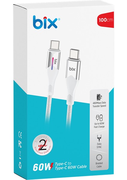 BX05CC Type-C To Type-C 60W Örgülü LED Işıklı 1 Metre Şarj ve Data Kablosu Beyaz