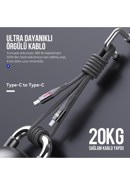 BX05CC Type-C To Type-C 60W Örgülü LED Işıklı 1 Metre Şarj ve Data Kablosu Gri