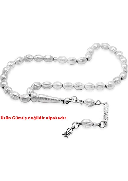 Helezon Tasarım Kalem Işçilikli Tuğra Püsküllü Arpa Kesim Gümüş Renk Alpaka Tesbih