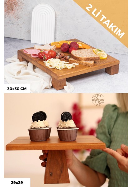 2 Li Tityos Küp Ayaklı 30X30 cm ve Piramit 29X29 cm Ahşap Kare Pasta Sunum Servis Tabağı Seti
