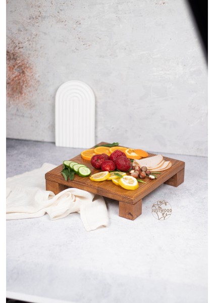2 Li Tityos Küp Ayaklı 30X30 cm ve Piramit 29X29 cm Ahşap Kare Pasta Sunum Servis Tabağı Seti