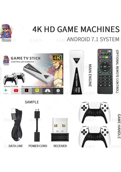 Android Game Tv Stick 4K 64 GB Remote Control Hazıfa Kartı ve 2 Kablosuz Oyun Kolu Retro Game Stick Nostalji Oyun Konsolu Film Izleme Platformları