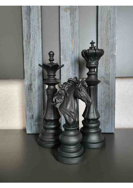 3'lü Set Dekoratif Satranç Biblo Takımı, Satranç Heykel Set, Chess Set, Şah Vezir At Dekoratif Biblo