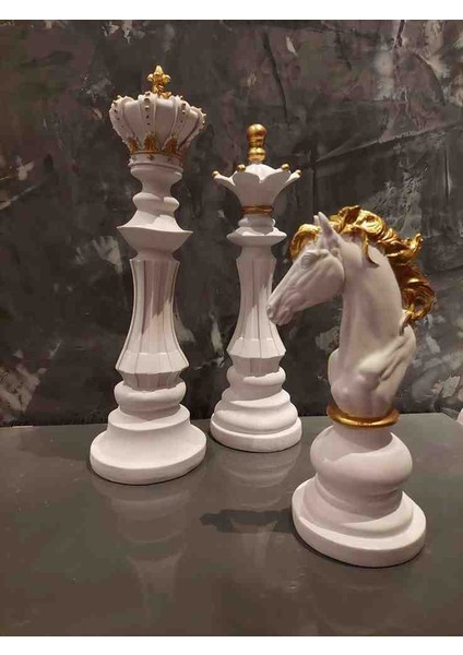 3'lü Set Dekoratif Satranç Biblo Takımı, Satranç Heykel Set, Chess Set, Şah Vezir At Dekoratif Biblo