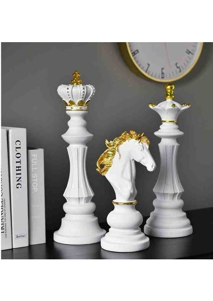 3'lü Set Dekoratif Satranç Biblo Takımı, Satranç Heykel Set, Chess Set, Şah Vezir At Dekoratif Biblo