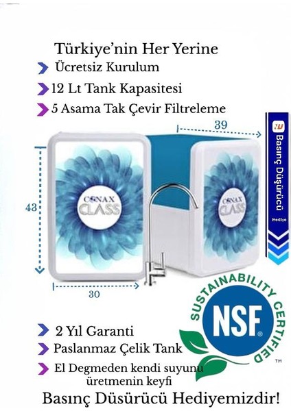 Class Su Arıtma Cihazı, Tak Çevir Filtre Sistemi, Nsf Onaylı, 12 Lt Tank