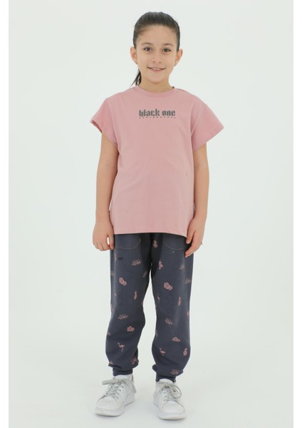 Bisiklet Yaka Kız Çocuk Baskı Detaylı T-Shırt ve Eşofman Takımı