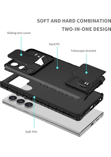 Urban Glow Samsung Galaxy S23 Kayar Kamera Kapaklı Sağlam Standı Telefon Kılıfı - Siyah (Yurt Dışından)