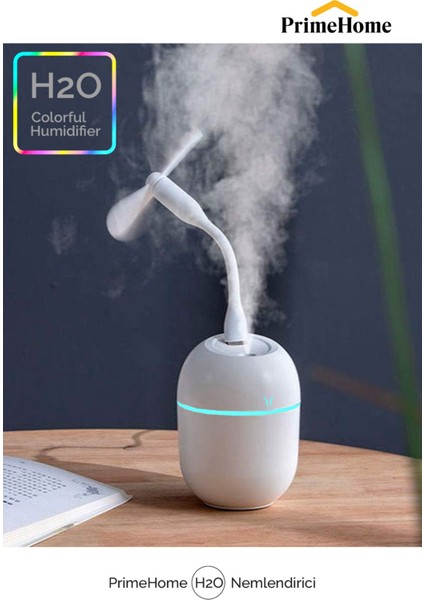 Primehome H2O Humidifier hava Ultrasonik Ortam Oda Nemlendirici Buhar Makinası 250ML+ USB Mini Fan Hediyeli