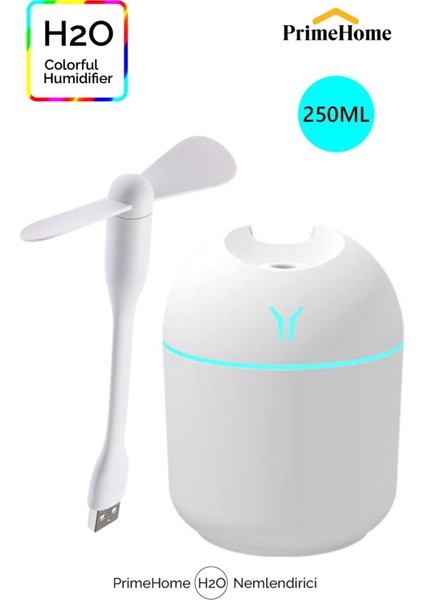 Primehome H2O Humidifier hava Ultrasonik Ortam Oda Nemlendirici Buhar Makinası 250ML+ USB Mini Fan Hediyeli