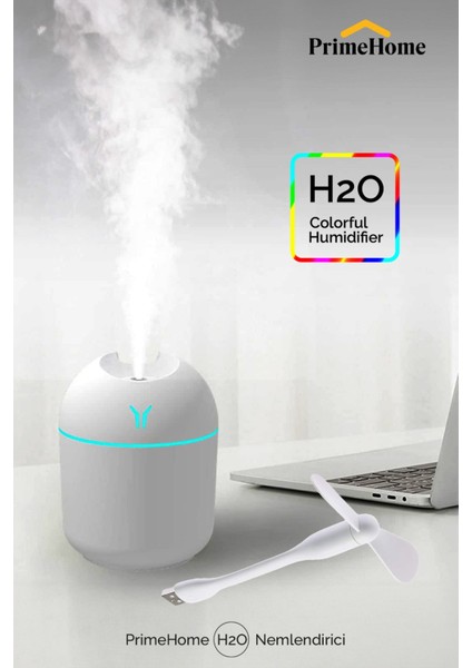 Primehome H2O Humidifier hava Ultrasonik Ortam Oda Nemlendirici Buhar Makinası 250ML+ USB Mini Fan Hediyeli