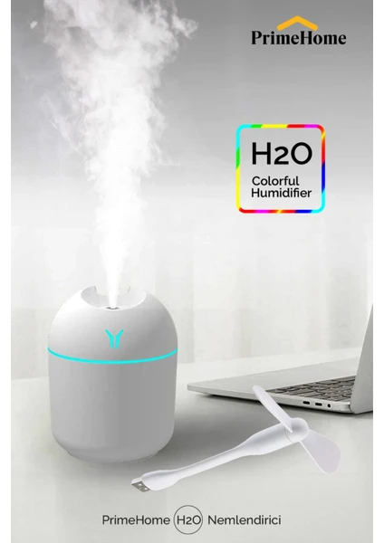 Prime Home Primehome H2O Humidifier hava Ultrasonik Ortam Oda Nemlendirici Buhar Makinası 250ML+ USB Mini Fan Hediyeli