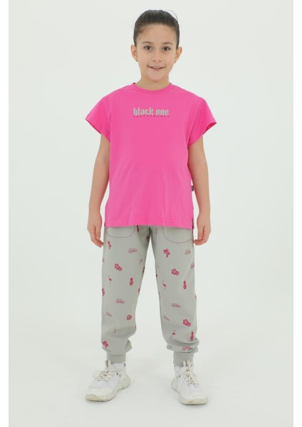 Bisiklet Yaka Kız Çocuk Baskı Detaylı T-Shırt ve Eşofman Takımı